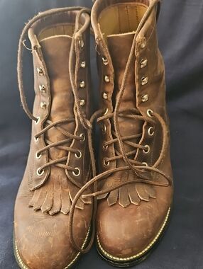 Justin Boots Brown Lace-Up Fringe Ankle Booties